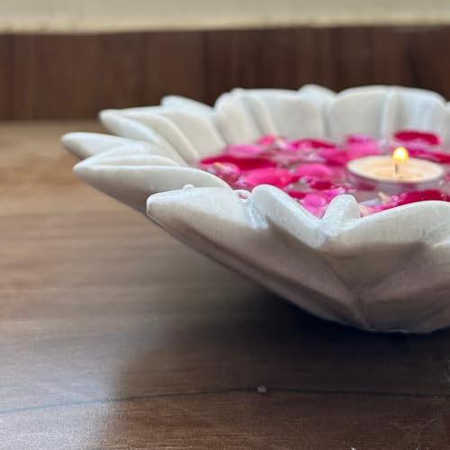 Image of Marble Urli Bowl for Decoration | Big Potpourri Decorative Bowls in Home decor | Large White Floating Flower Plates of Stone | Small Shape puja Item | (6 inch, Lotus Crest)