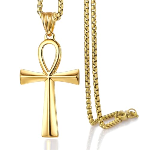 SAELACY Ankh Cross Pendant Necklace for Womens Mens Gold Black Silver Tone Stainless Steel Rolo Curb Chain (GOLD chain length:18)