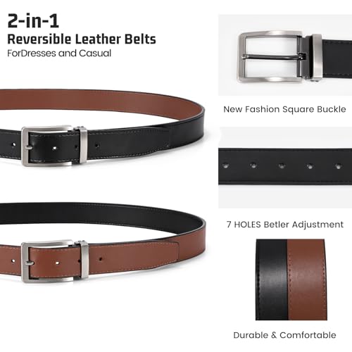 Men Belt Reversible Leather Belts - One Belt, Two Colors 1.35" for Casual Dress Golf, Trim to Fit3