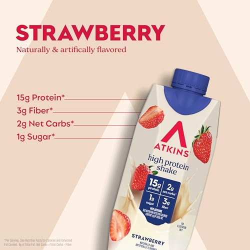 Image of Atkins Strawberry Flavored Protein Shake, High Protein, Low Glycemic, Low Sugar and Low Carb, Keto Friendly, Gluten Free, 12 Count