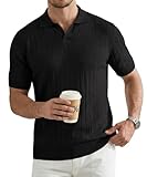 JMIERR Men's Vintage Knit Polo Shirts Short Sleeve Ribbed Sweater Polos Classic Fit Johnny Collar Tops for Casual Daily Outfits, S, Black