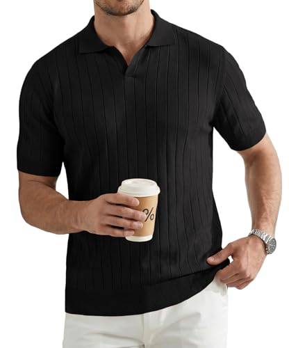 JMIERR Men's Vintage Knit Polo Shirts Short Sleeve Ribbed Sweater Polos Classic Fit Johnny Collar Tops for Casual Daily Outfits, S, Black