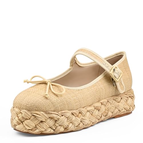 Raffia Platform Sandals Women Woven Straw Platform Mary Jane Shoes for Women Comfortable Beach Espadrille Flats with Adjustable Buckle Strap