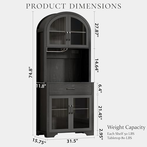 Image of 75 inch Arched Kitchen Pantry Cabinet with Charging Station & LED Light, Tall Coffee Bar Liquor Cabinet Modern Kitchen Hutch with Microwave Stand & Adjustable Shelf for Dining Room