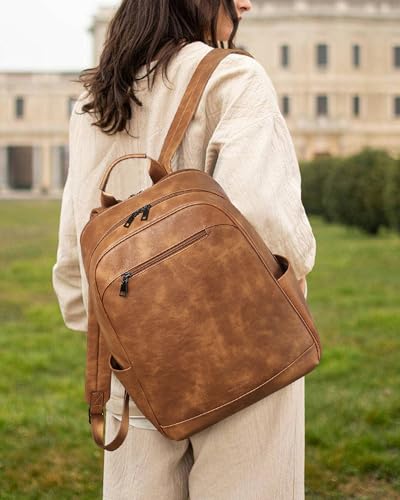 MASINTOR 15.6 inch Leather Laptop Backpack Purse for Women, Designer Travel and Work Bag with Laptop Compartment Mocha Brown2