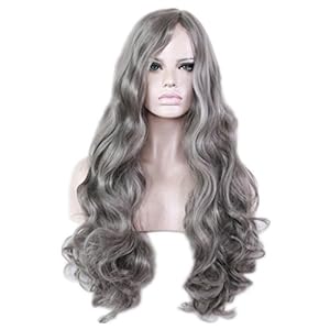 AneShe Women’s Grey Wig Long Curly Fluffy Healthy Full Wigs Natural Gray Cosplay Wig Synthetic Hair Wig (Dark Gray)