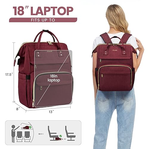 Image of LOVEVOOK Laptop Backpack for Women,18 Inch Professional Womens Travel Backpack Purse Computer Laptop Bag Nurse Teacher Backpack,Waterproof College Work Bags Carry on Back Pack with USB Port,Wine Red