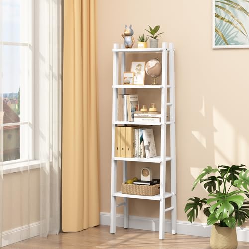 5-Tier Ladder Bookshelf with Storage - Narrow Leaning Ladder Shelf Bookcase, Modern Book Shelf with Solid Wooden Frame, Freestanding Display Shelves for Living Room, Bedroom, Bathroom, Office, White
