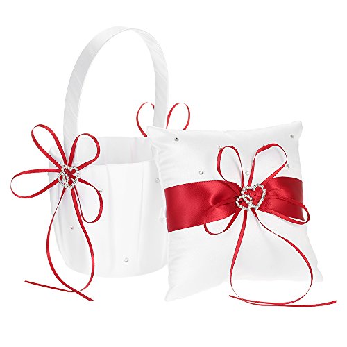 Decdeal Double Heart Satin Ring Bearer Pillow and Wedding Flower Girl Basket Set 6 x 6 inches