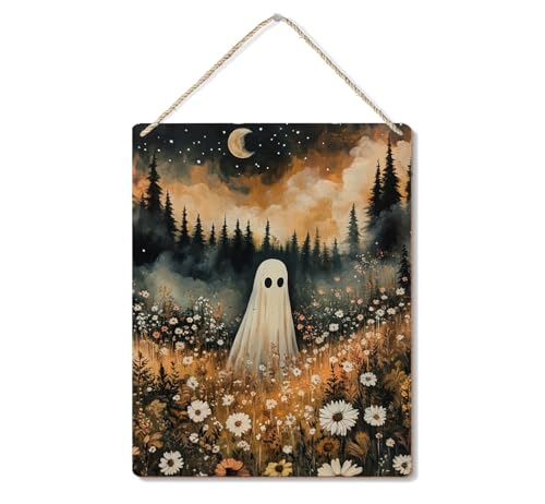 Poecinvi Ghost Halloween Signs, Halloween Door Decor, Vintage Ghost Wooden Plaque Signs Wall Hanging for Home Porch Front Door Decorations, 10x8 Inch