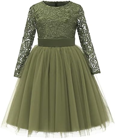 Flower Girl Dress Long Sleeves Lace Top Tulle Skirt Girls Lace Party Dresses (Size 8,Olive)