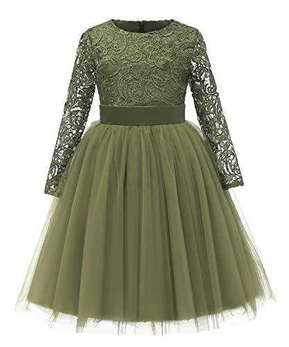 Flower Girl Dress Long Sleeves Lace Top Tulle Skirt Girls Lace Party Dresses (Size 8,Olive) #TOP1