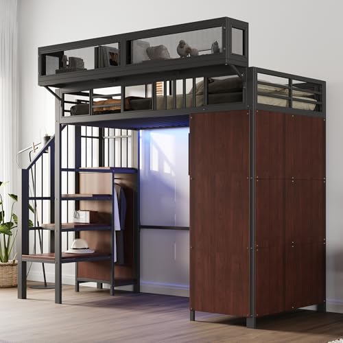 Yrxin Cama alta 90 × 200 cm, cuna infantil con armario, escalera de seguridad, iluminación LED y rejillas protectoras, cama de metal con estantes extraíbles, cama juvenil, sin colchón (negro, 90 × 200