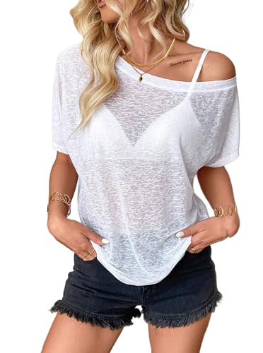 Hilinker Women's Sheer Mesh Short Sleeve Top Sexy Off Shoulder See Through T Shirt Summer
