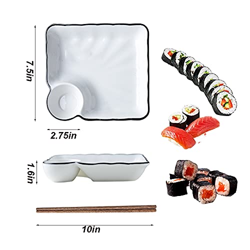 2 Pack Japanese Sushi Plates, 7.5 Inch Square Ceramic Sushi Plate With Dipping Saucer, White Serving Plates, Fits Sushi, Dumpling, Snack, For Home And Kitchen #TOP2