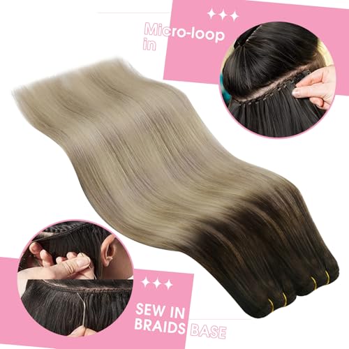 Image of YoungSee Sew in Hair Extensions Ombre Weft Hair Extensions Human Hair, Balayage Dark Brown Ombre Golden Blonde Mix Platinum Blonde, 20 Inch Human Hair Extensions Sew in One Bundle Remy Hair 100G