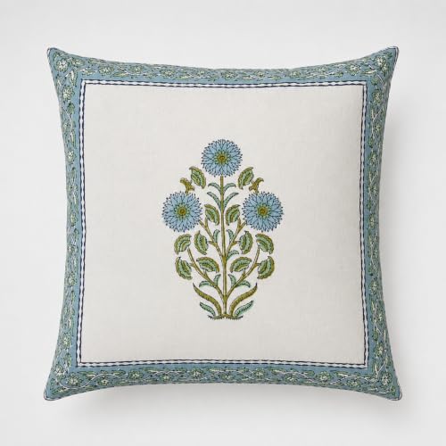 Image of Cotton Cushion Covers 16x16 Inch - Hand Block Floral Print Pillow Covers for Sofa, Couch & Bedroom (Pack of 5) (Blue Yellow)