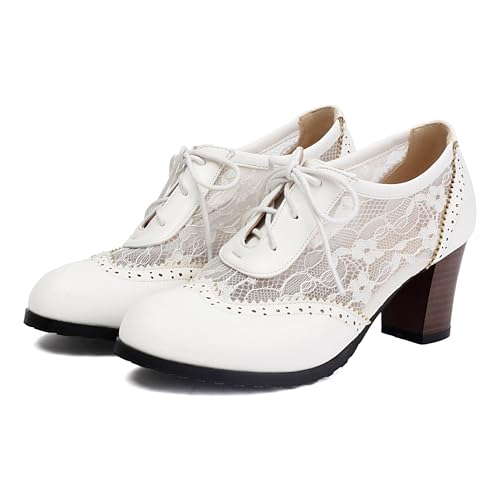 BEAUPAS Women's Vintage Oxford Pumps Lace Stacked Block Heel Wingtip Brogue2