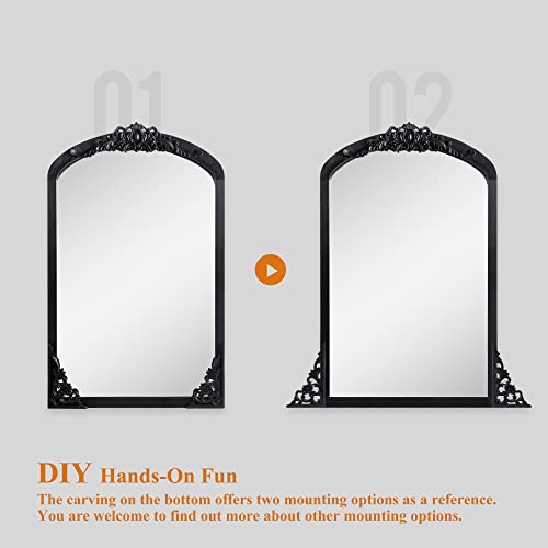 Neutype Arched Wall Mirror Vintage Carved Mirror Solid Wood Frame Wall-Mounted Mirror For Home Decor Bathroom Entryways Living Rooms Dressing Mirror, Black, 36"X 24" #TOP4