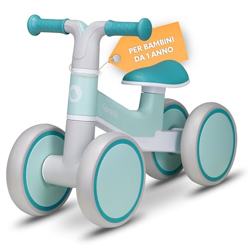 LIONELO VILLY Bicicletta senza pedali per bambini da 1 a 3 anni o 30 kg, con 4 ruote, Ammortizzatore anteriore e sedile ergonomico, Un regalo perfetto per ragazze e ragazzi