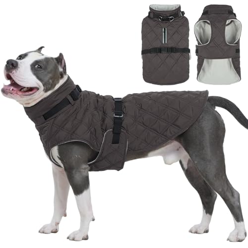 Kuoser Dog Coat Warm Fleece Lining Turtleneck Dog Jacket with Harness Built-in, Adjustable Windproof Cold Weather Coats with Quick Release Buckle Pet Winter Snowsuit for Large Dogs, Grey XL