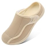 LeIsfIt Womens Slippers Wide Diabetic House Slippers Adjustable Edema Swollen Slip on Slipper Soft Warm House Shoes Non-slip Bedroom Slipper Beige Size 8