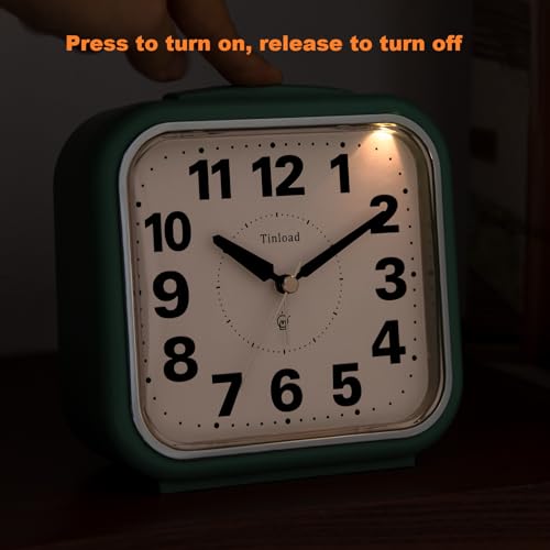 Image of Tinload 5.5 inch Large No Ticking Analog Alarm Clock,Silent Readable for Seniors,Easy to Set,Gradual Rise Alarm,Big Numbers,Gentle Wake,Snooze, Lighted on Demand,Battery Operated,Green