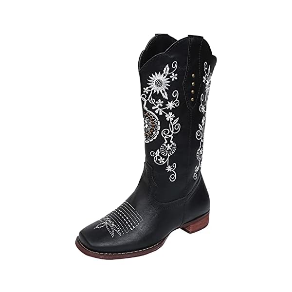 Retro Borduurwerk Print Booties Slip Op Vrouwen Hakken Midden Schoenen Teen Vrouwen Laarzen Cowboy Laarzen Voor Vrouwen