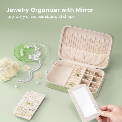 Lolalet Caja de Joyería de Viaje Portátil, Organizador de Joyas de Piel Sintética con Espejo para Pendientes, Anillos, Collares y Pulseras – Tamaño,Verde - imagen 2