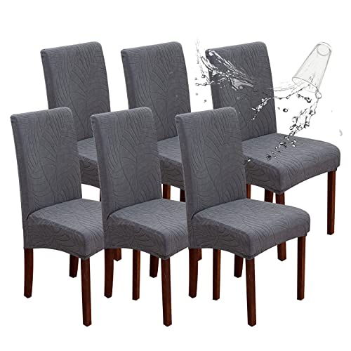 Image of Genina Waterproof Chair Covers for Dining Room, Stretch Jacquard Dining Chair Slipcovers Removable Washable Chair Protector for Kitchen, Hotel, Restaurant (Leaves-Dark Gray, 6 PCS)