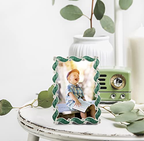 Licotom Waves Design Metal Picture Frame Silver With Green Enamel And Crystals 4X6 Inch #TOP5