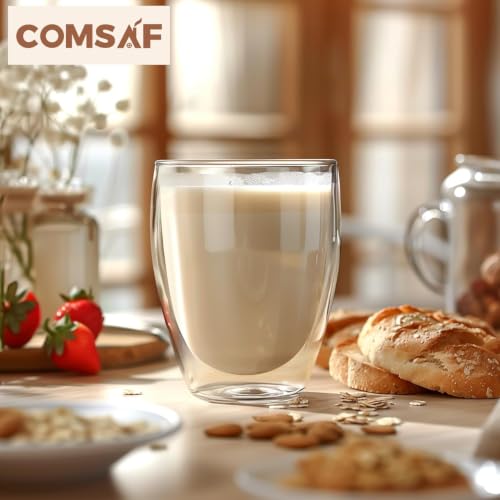 Image of ComSaf Glass Coffee Mugs [Set of 2, 360ml], Double Wall Insulated Thermal Cups 12oz, Clear Glass Coffee Cup for Tea /Juice /Milk, Latte Cappuccino Espresso Mug Glassware Gift for Christmas Birthday