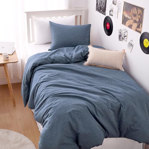 Wake In Cloud - Cotton Duvet Cover Set, Twin Size, Chambray Denim Blue, 100% Washed Cotton, Linen...