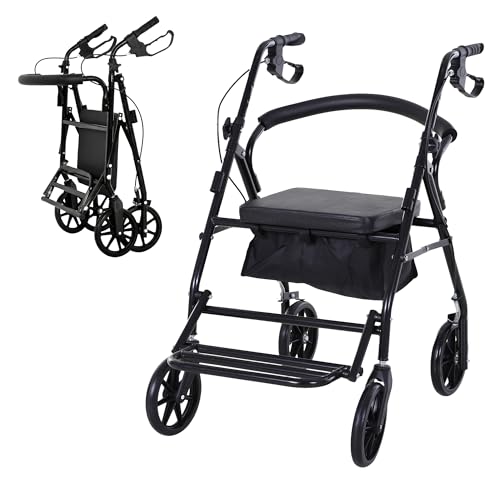 HOMCOM Déambulateur 4 roues - déambulateur pliable léger - assise + dossier rembourré - poignées ergonomiques, freins à main - panier rangement - cale-pied -...