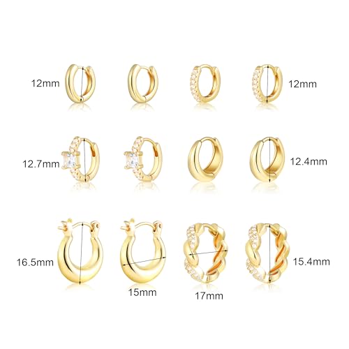 Wgoud Gold Hoop Earrings Set for Women, 6 Pairs 14K Gold Plated Hypoallergenic Lightweight Huggie Hoops Earrings, Small Cartilage Cubic Zirconia Earrings for Women Gifts. (G-Golden hoops) — view 6