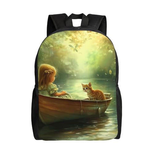High Capacity A Little Girl in Boat with Cute Cat Backpack Large Multipurpose Bag Double Zipper Backpack Unisex 16 Inch