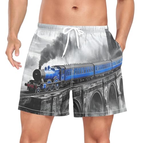Steam Train Vintage Mens Swim Trunks with Liner, Cool Quick Dry Beach Swim Shorts, Swimwear Bathing Suits S