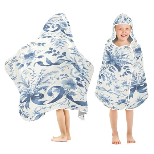Kigai Blue Flowers Kids Hooded Towel, 24x50 in Bath/Pool/Beach Soft Absorbent Hooded Towel Wrap for Toddler Kids