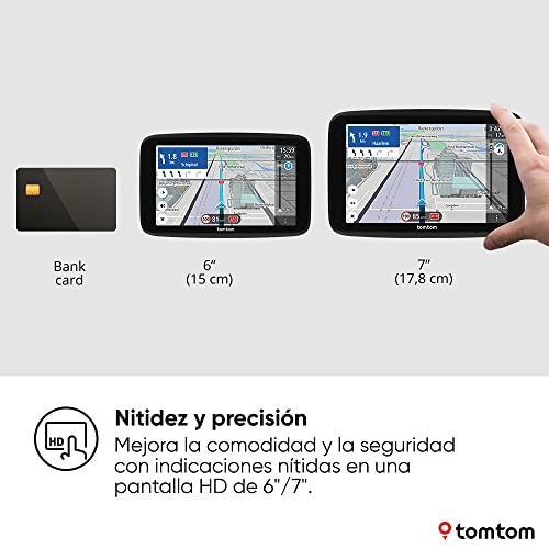 Comparativa de pantallas de 6 y 7 pulgadas de navegadores TomTom, destacando la nitidez y precisión.