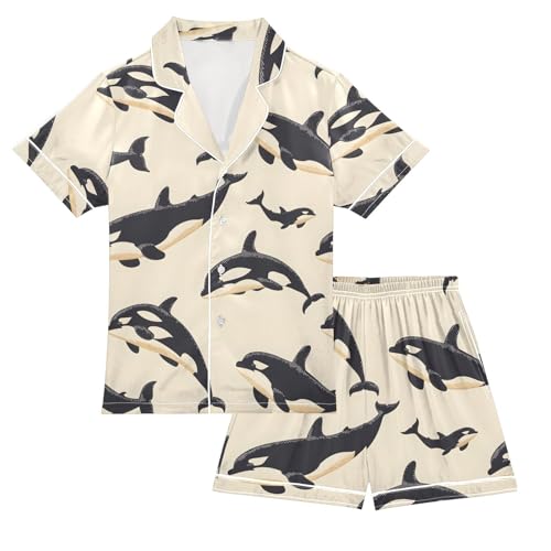 ALAZA Black Whale Dolphin Satin Pajamas Set Short Sleeve Button Down Sleepwear Summer Pjs 2 Piece