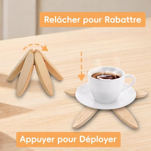 Dessous de Verre en Bois pour Plats Chauds,Dessous de Plat Bois, 3 Dessous de Verre en Bois + 1 Support comme Un Sapin de Noël, pour Cuisine, Assiettes, Tasses, Pots – vue 5