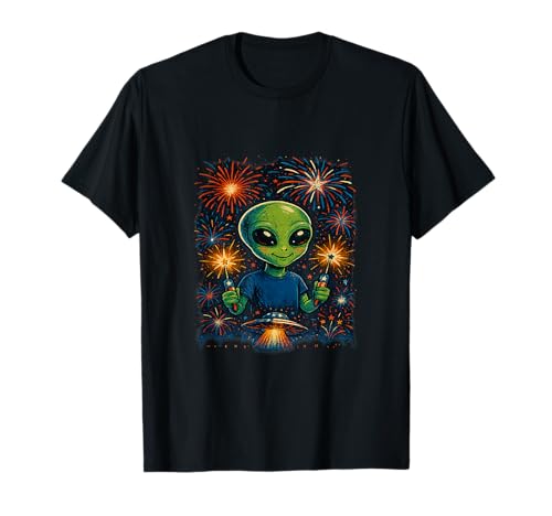 Cierges magiques et feux d'artifice pour fête patriotique extraterrestre T-Shirt