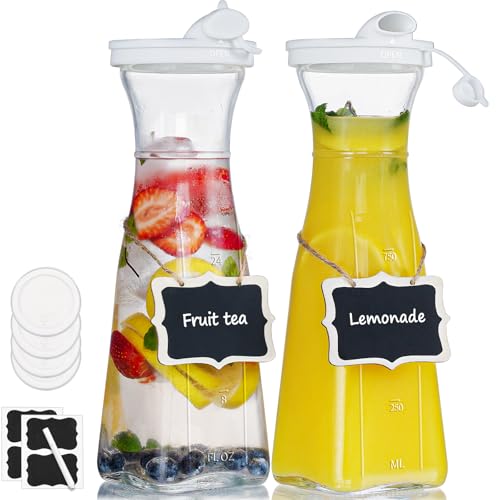 Ritayedet 2 Pack 35 Oz Square Glass Carafe with 4 Lids and 2 Silicone Pour Spouts! Glass Water Pitchers for Fridge - Glass Beverage Dispensers for Tea, Beverage, Milk, Cold Brew and Mimosa Bar