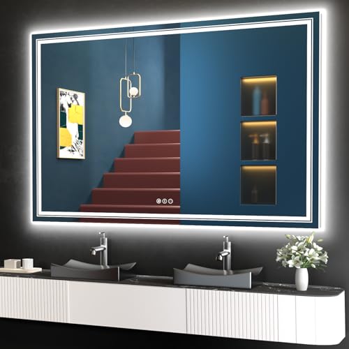 LED Bathroom Mirror, 60"X40" with Front and Backlit, Anti-Fog, Large Bathroom Vanity Mirror for Wall, Memory Function, Stepless Dimmable, Tempered Glass (Horizontal/Vertical)
