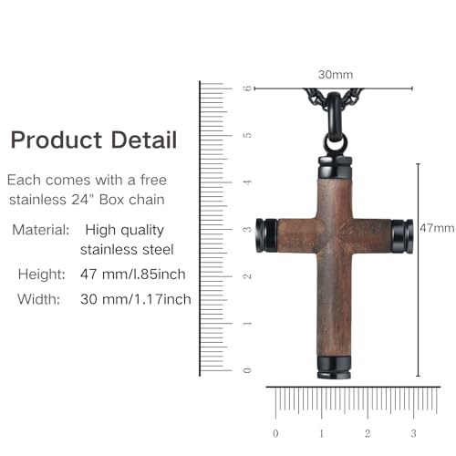 Wooden Cross Necklace for Men, Real Handmade Ebony Cross Pendants, Black Mens Cross Necklaces Christian Baptism Crucifix Pendant for Men, 24 Inch Stainless Steel Box Chain2