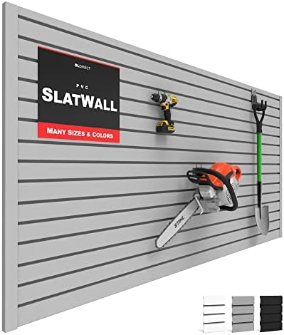 Slatwall Panel Garage Wall Organizer: Heavy Duty Wall Mounted PVC Wall Rack, Interlocking Slat Wall Paneling for Garage Wall Storage, Slatwall Board, Slatwall Shelves System -Grey (6’H x 4’W)