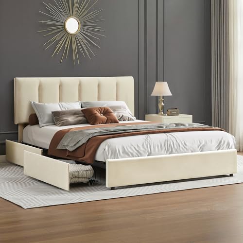 VECELO 4ft6 Double Bed Frame with 4 Storage Drawers, Upholstered Platform with Adjustable Velvet Headboard, Sturdy Wooden Slat Support, No Box Spring Needed, Easy Assembly, Beige