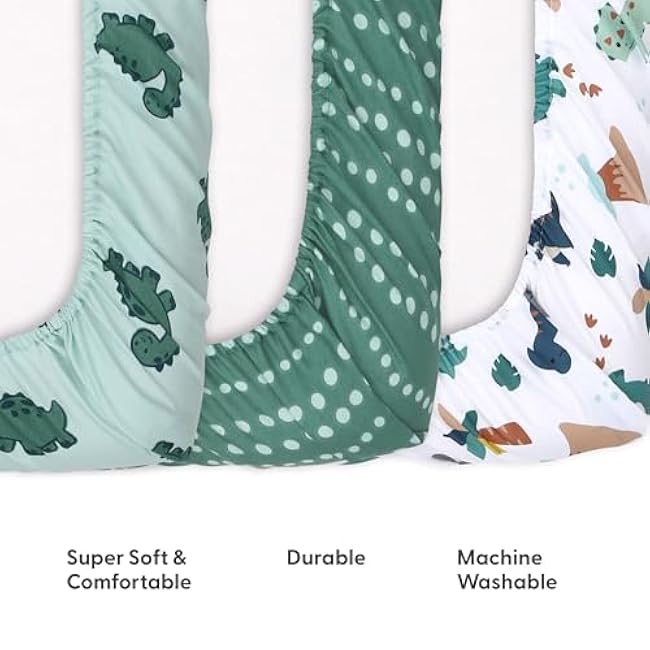 The Peanutshell 3-Pack Fitted Playard Sheets - Soft & Breathable Baby Boy Mini Crib Sheets, Pack N Play Mattress, Fits Standard Playard Pack Play Mattresses - Green Dino