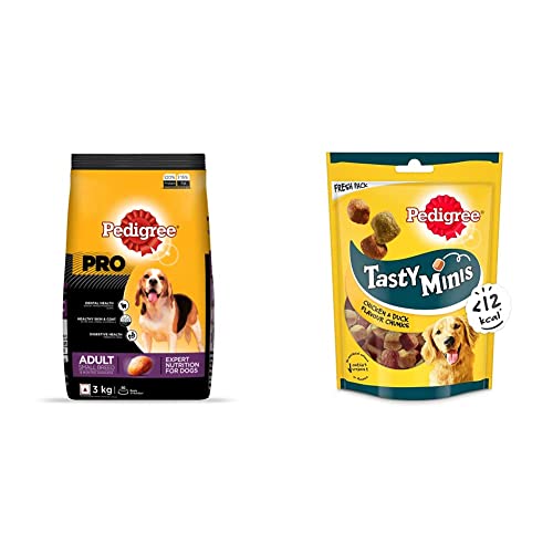 Image of Pedigree PRO Expert Nutrition Dry Food for Small Breed Adult Dogs (9 Months Onwards), 3kg Pack&Pedigree Tasty Minis Treats for Adult Dogs, Chicken & Duck Flavour Chunks, 130g