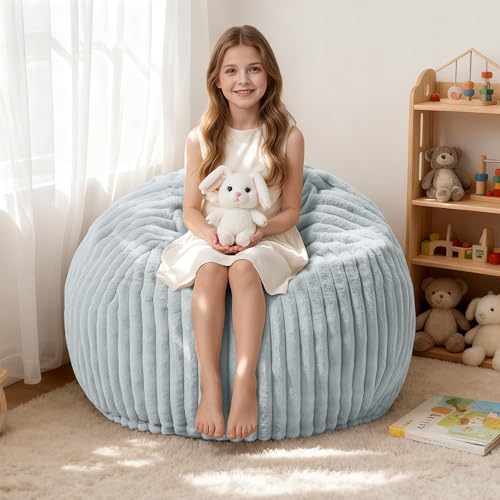 Image of HABUTWAY 2FT Bean Bag Chair, 2' Bean Bag Chairs with Memory Foam Filled, Small Comfy Beanbag Chair with Stripe Plush Cover for Living Room Bedroom Dorm,Light Grey